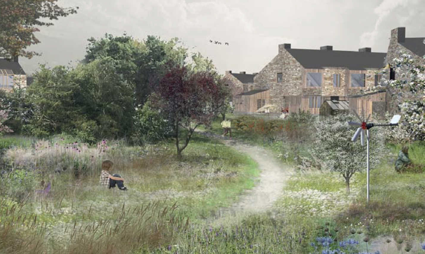 Illustration af huse og natur i det kommende Viby Øst