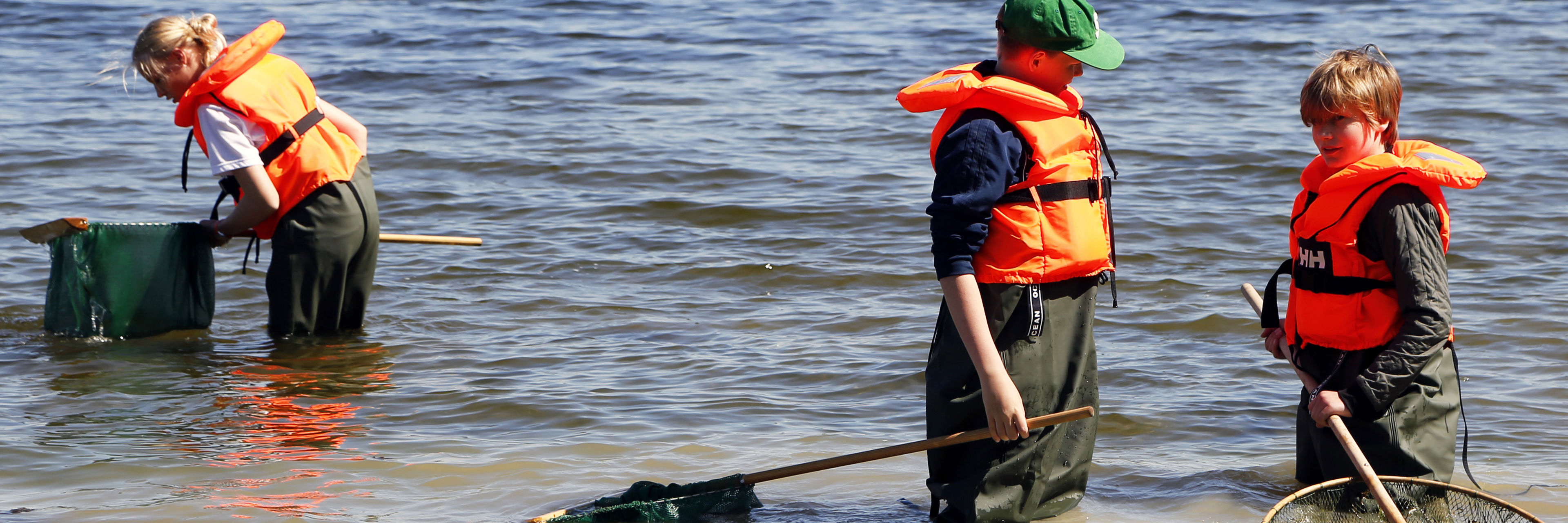 Tre elever med waders fisker med ketsjer i fjorden