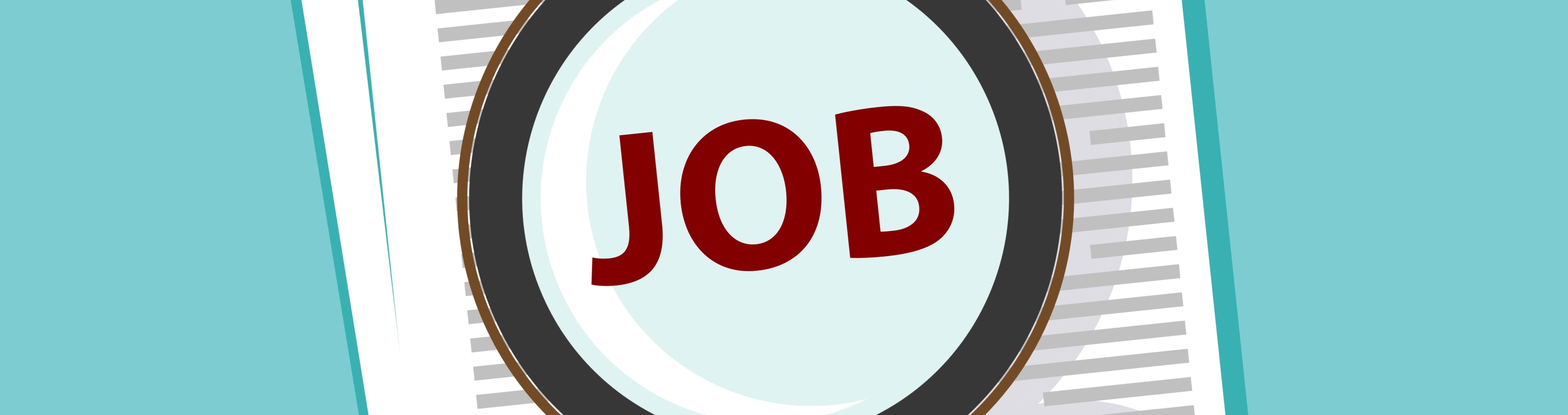 Tegning af papirer med lup. I luppen står der "Job".